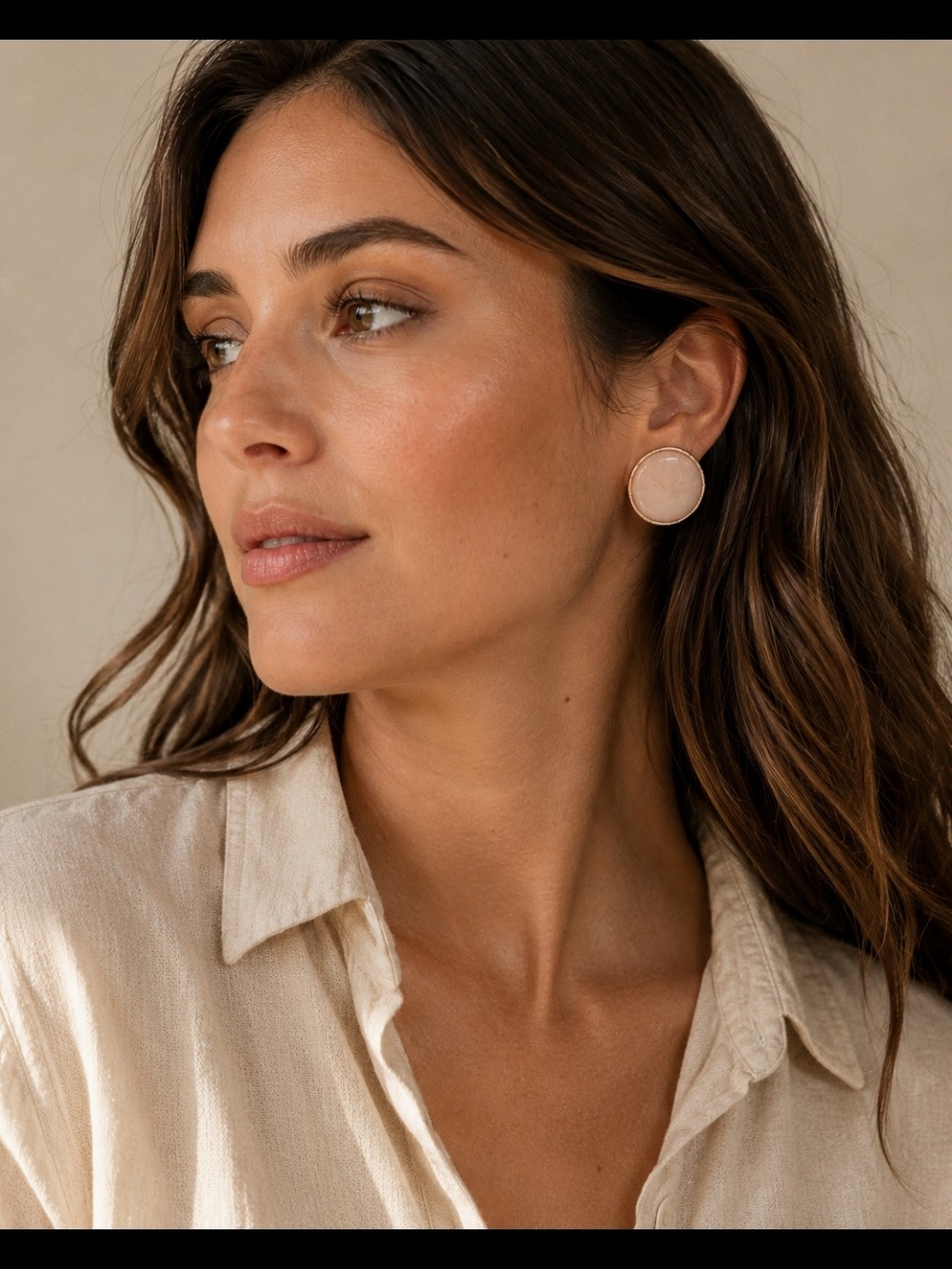 Classic Round Cream Stone Stud Earrings - Women Jewelry